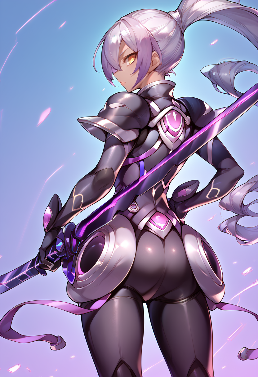 (score_9:0.9),score_8_up,score_7_up,anime style,rating_safe,(zPDXL),<lora:Sky striker ace - azalea ponyXL v2:0.86>,sky striker ace - azalea,black battle suit,weapon,solo,from behind,standing,holding,holding purple katana,purple katana,looking back,