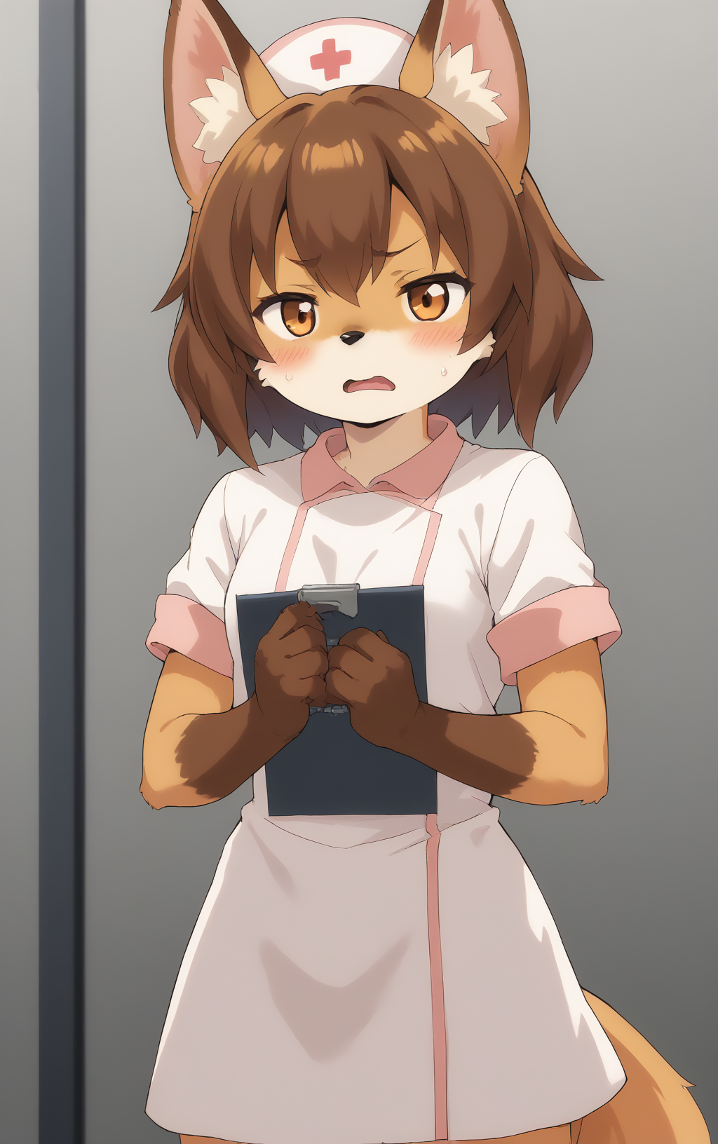 score_9, score_8_up, score_7_up,score_6_up,score_5_up, source_furry, 1girl, solo, cub, anime screencap, animal ears, furry, brown hair, tail, blush, furry female, open mouth, (looking at viewer), fox ears, embarrassed, (tsundere:0.5), (half-closed eyes:1.1), brown eyes, breasts, brown fur, animal ear fluff, fox tail, short hair, animal nose, sweatdrop, small breasts, bangs, body fur, white fur, fox girl, nurse costume, nurse cap, holding clipboard, from upper, white background, <lora:TsundereFox_pony_v1:1>, tfg, <lora:p:0.35> <lora:Anime_Screencap:1>