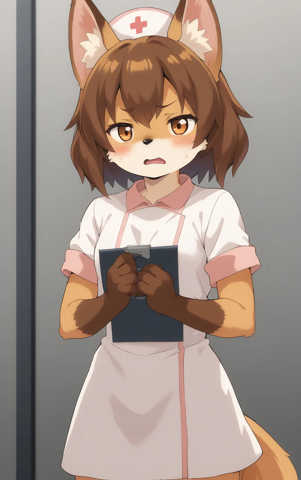 score_9, score_8_up, score_7_up,score_6_up,score_5_up, source_furry, 1girl, solo, cub, anime screencap, animal ears, furry, brown hair, tail, blush, furry female, open mouth, (looking at viewer), fox ears, embarrassed, (tsundere:0.5), (half-closed eyes:1.1), brown eyes, breasts, brown fur, animal ear fluff, fox tail, short hair, animal nose, sweatdrop, small breasts, bangs, body fur, white fur, fox girl, nurse costume, nurse cap, holding clipboard, from upper, white background, <lora:TsundereFox_pony_v1:1>, tfg, <lora:p:0.35> <lora:Anime_Screencap:1>