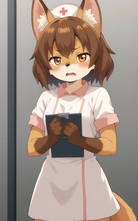 score_9, score_8_up, score_7_up,score_6_up,score_5_up, source_furry, 1girl, solo, cub, anime screencap, animal ears, furry, brown hair, tail, blush, furry female, open mouth, (looking at viewer), fox ears, embarrassed, (tsundere:0.5), (half-closed eyes:1.1), brown eyes, breasts, brown fur, animal ear fluff, fox tail, short hair, animal nose, sweatdrop, small breasts, bangs, body fur, white fur, fox girl, nurse costume, nurse cap, holding clipboard, from upper, white background, <lora:TsundereFox_pony_v1:1>, tfg, <lora:p:0.35> <lora:Anime_Screencap:1>