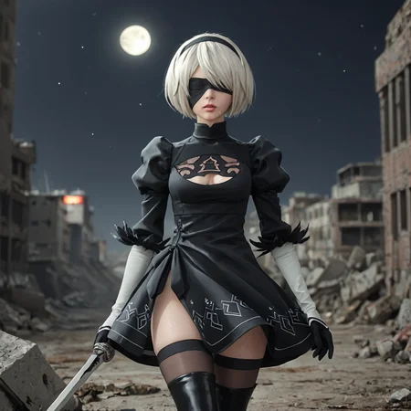 score_9,score_8_up,score_7_up, orgasm face,eyes,shiny oild skin,looking at viewer,sweat,
 yorha 2-gou b-gata, short hair, black dress, puffy sleeves, clothing cutout, long sleeves, juliet sleeves, sword, holding weapon, thighhighs,
city ruin, rubble, night, moon, 
 <lora:2B:0.75>