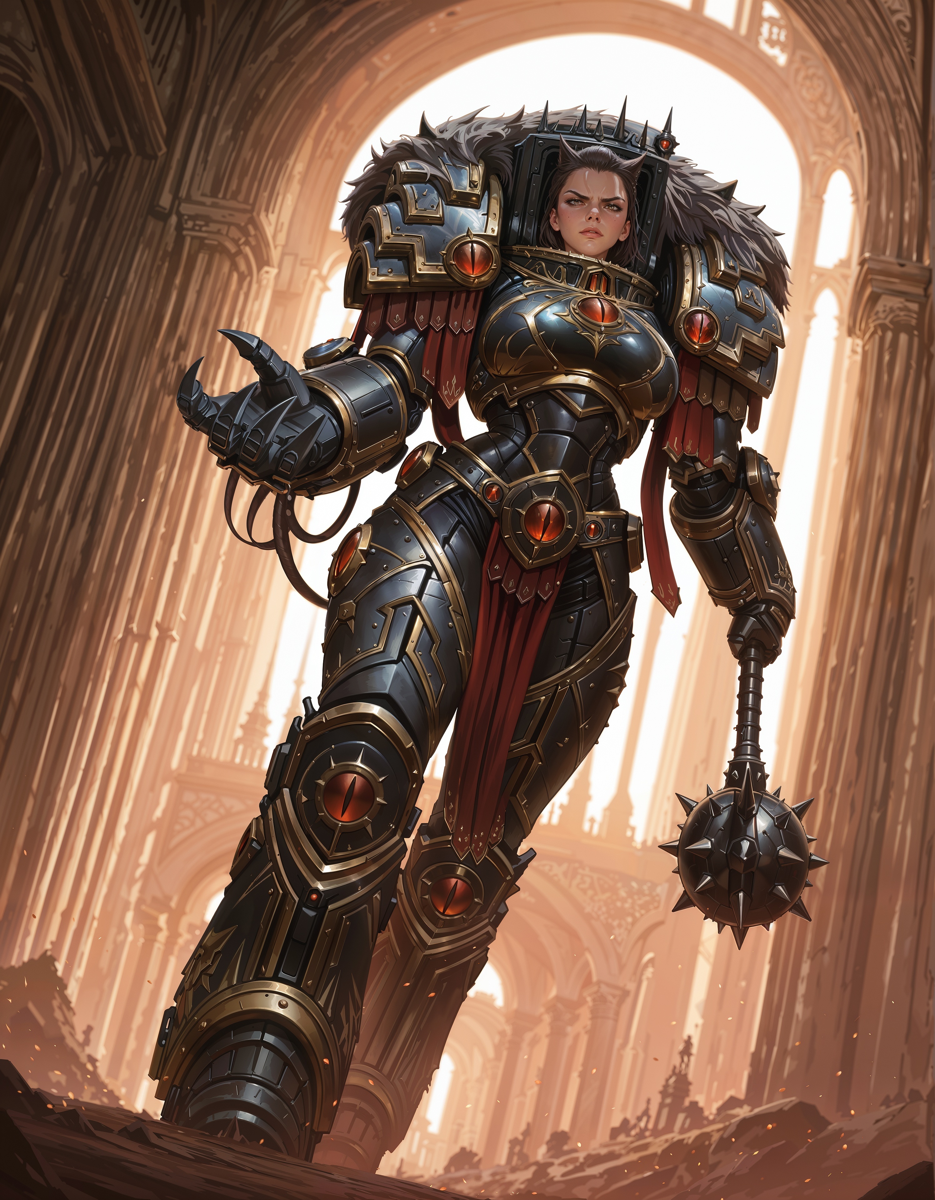 masterpiece, best quality,high quality, newest, highres,8K,HDR,absurdres, dynamic angle, realistic, 1girl, iLLHorusL40K, solo, power armor, determined eyes, holding a mace, power claw, in a palace  <lora:iLLHorusL40K:1>