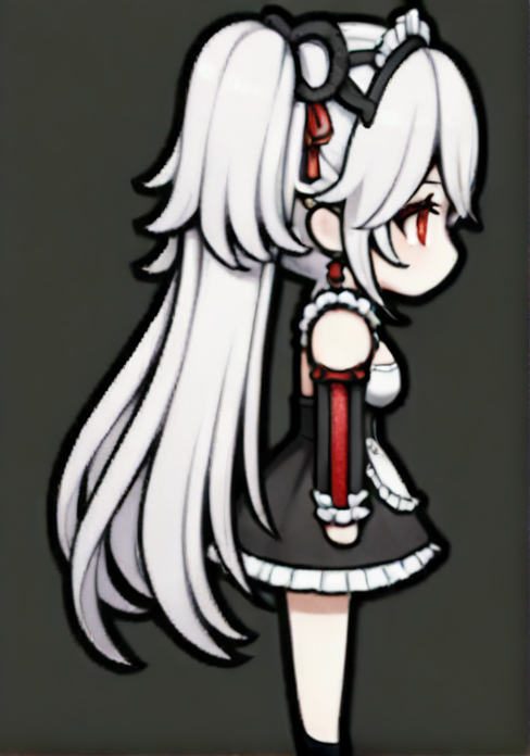 camellya_\(wuthering_waves\),  rimworld, (chibi:1.2),  from side, facing away, 1girl, breasts, maid, solo, full body, transparent background, white background, simple background  <lora:rimworld2-000085:1>