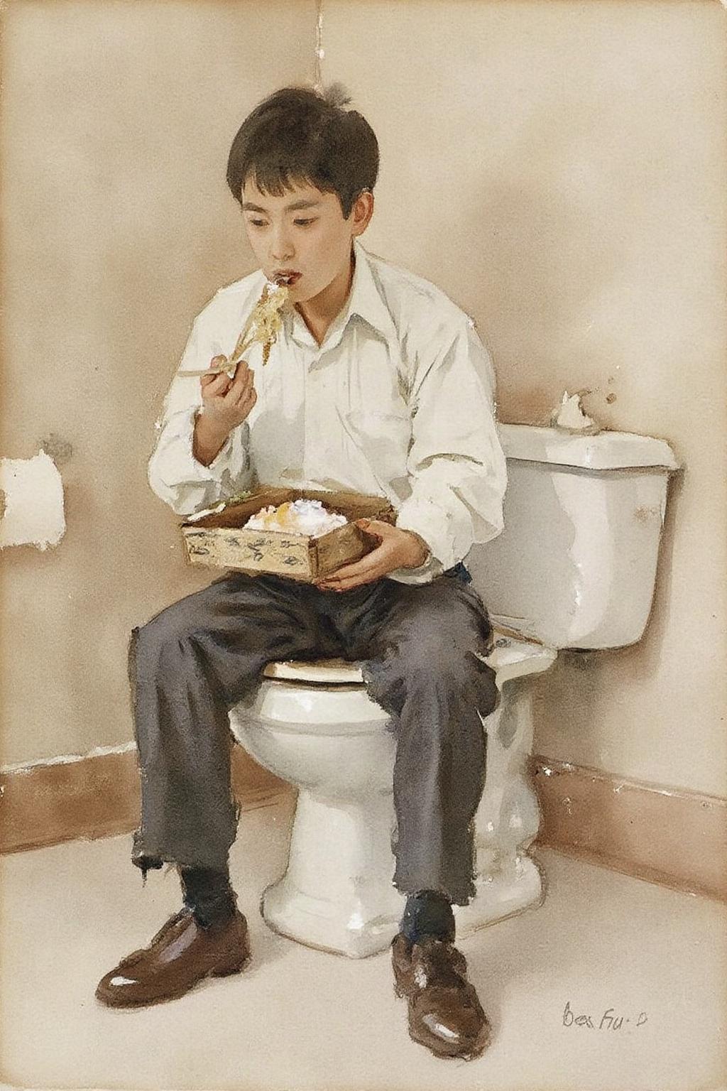 johnsingersargent3 painting. 
 A Japanese student sitting on a toilet, wearing a white shirt and dark pants, eating a box lunch bento with chopstick.  <lora:johnsingersargent3_cap_d8a4e12:1.0><lora:859975292213527131:0>