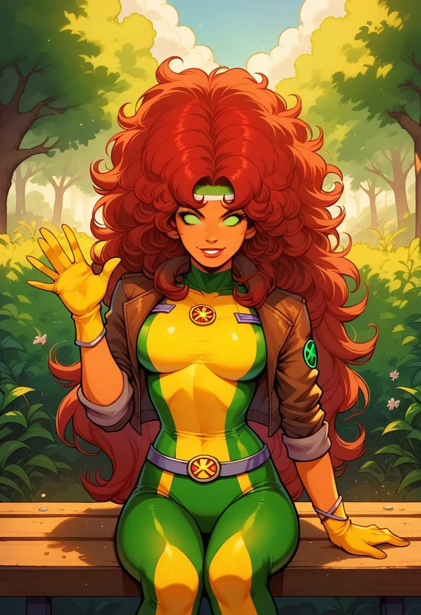 score_9, score_8_up, score_7_up,score_9, score_8_up,<lora:r0gue:0.85>,1girl, StarfireDG, red hair, orange skin, green eyes, no pupils, Rogue1024,1girl,solo,long hair,looking at viewer,red hair,gloves,green eyes,jacket,white hair,open clothes,open jacket,lips,bodysuit,makeup,headband,lipstick,skin tight,multicolored clothes,buckle,belt buckle,leather,superhero,bomber jacket,dyed bangs,multicolored bodysuit,green bodysuit,yellow bodysuit, sitting on bench, smile, waving hand, smile, kind, looking at viewer, dynamic view, in the garden, sfw