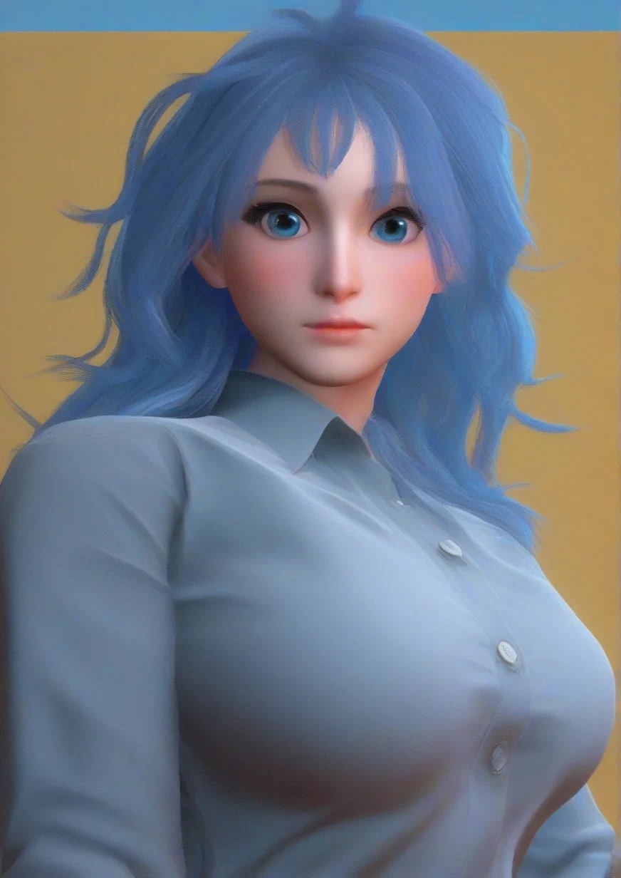 1girl, fuka-chan, score_9, score_8_up, score_7_up, score_6_up, score_5_up, score_4_up, realistic, huge breast, 3d, , blue background, blue eyes, blue hair, blush, collared shirt, dress shirt, grey shirt, looking at viewer, messy hair, no mouth, shirt, solo, sunburst, sunburst background, upper body, zPDXL3,<lora:Street_Fighter_6:1>