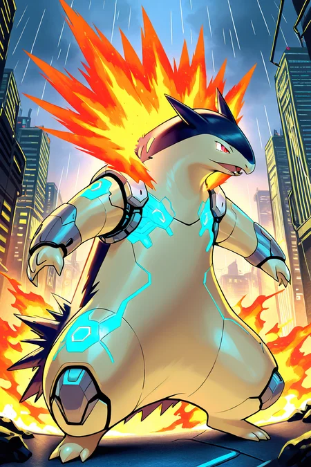 masterpiece, best quality, no humans, pokemon (creature), fire, <lora:TyphlosionPokedexIXL:1.0>, Cyberpunk, zzTyphlosion with neon-lit cityscape, high-tech gear, futuristic clothing, glowing tattoos, holograms, rain-soaked street, robotic enhancement, sleek armor
