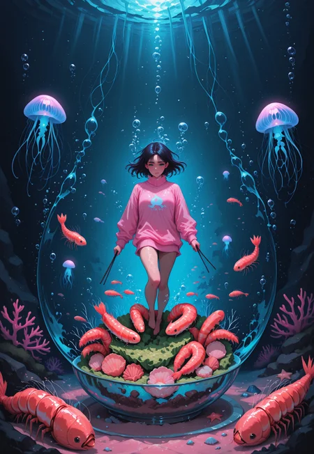 masterpiece, best quality, amazing quality, very aesthetic, absurdres, newest
surreal underwater photography, frontal closeup, vibrant color contrast
tan-skinned woman with voluminous dark hair, floating weightlessly underwater, holding a seafood salad, seafood salad in a clay bowl
dressed in cozy oversized pink sweater, hair drifting in the water, holding chopsticks with a shrimp, gazing directly into the camera, calm expression
lively coral reef teeming with marine lifeacolorful fish, jellyfish, starfish, shrimp, soft sunlight filtering through the water creating ethereal beams
dreamy and diffused, soft blue glow, gentle rays of sunlight penetrating the water, slight haze for depth
wtfisthis, btiflgrlsnrv4, pinksoftcoreanime, aidmafluxpro1.1