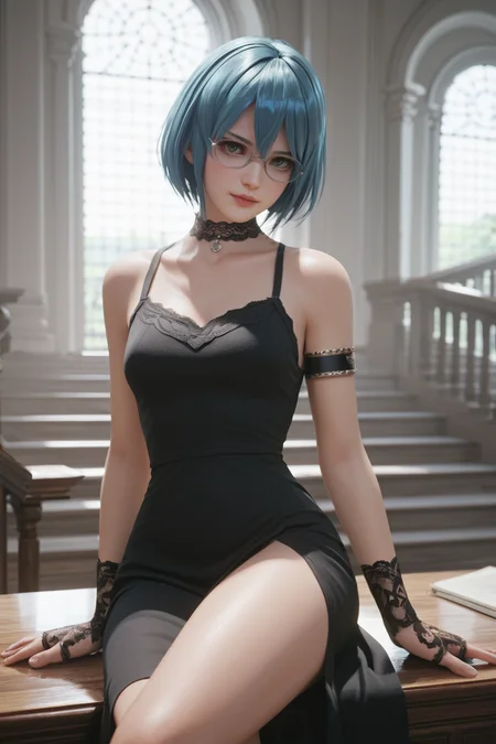 <lora:doa_nico:0.9> nico, glasses, black dress, lace choker, armlet, lace gloves, manor, indoors, thighs, score_9, score_8_up, score_7_up, zPDXL3