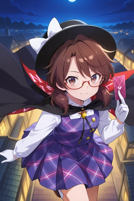 absurdres, highres, masterpiece, best quality, amazing quality, official anime artwork, screencap, anime screencap, outdoors, light smile, looking at viewer, dynamic pose,
 <lora:Usami-Sumireko_Illustrious:1> usami sumireko, 1girl, solo, brown eyes, brown hair, short hair, low twintails, red-framed eyewear, semi-rimless eyewear,, white shirt, long sleeves, purple vest, plaid vest, purple skirt, plaid skirt, bolo tie, bow hat, black cloak, white gloves, holding card, 
midair, night, town, light particle, falling,