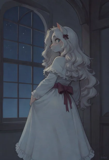 Art by Phallusbro[STYLE], Phallusbro[STYLE], furry, furry art, Cartoony, Cartoon like, cutesy style,
csr style, fcNeg, updn,
NEGATIVE_HANDS, 
HD, digital painting, painting, digital art, digital media (artwork), hi res, (uploaded on e621:1.1), best quality, highly detailed, intricate details, extremely detailed, perfect hands, negative_hand, detailed, clean lines, Shaded, painted,
game CG, official art, score_9, score_8_up, score_7_up, score_6_up, score_5_up, score_4_up. 
looking out window, back to viewer, back, from behind,
portrait
yuri, animalistic features, contemplative, serene, neutral face, frowning, majestic, beautiful,
1 girl, cat anthro, feline, fluffy, cute, fluffy tail, long tail, light blue eyes, white hair, whiskers, long hair , white body, big hair,
clothed. dress, ruffled dress, ribbons, frills, frilly dress,
inside, night, window, full moon, moon, sky, stars, moon light, moonlight, light beams, dynamic lighting, dramatic lighting, back light, glow, glowing fur, glowing,