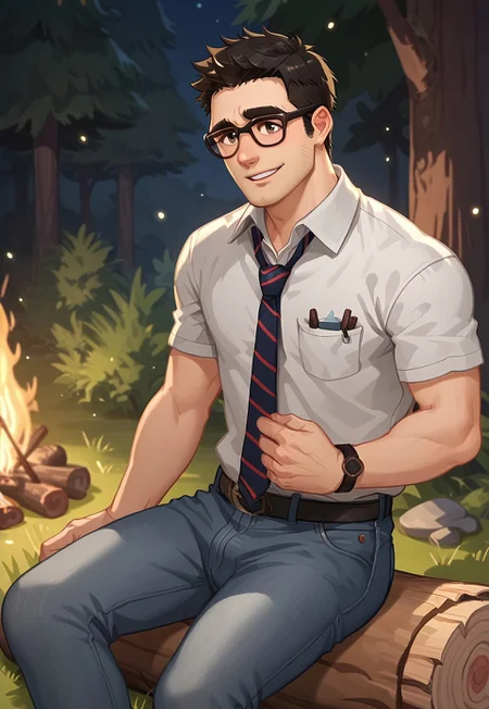 score_9, score_8_up, score_7_up, absurdres, intricate details, masterpiece, best quality, expressiveh, source_anime, screencap, high quality cg, 

1boy, male focus, solo, male focus, bara,

skinny, thick thighs, thick eyebrows, sideburns, 

DBDDweet, black hair, glasses, collared shirt, striped tie,

outside, forest, campfire, detailed background, log, (dim lighting), night, from ahead, long jeans,

sitting on log, smile,