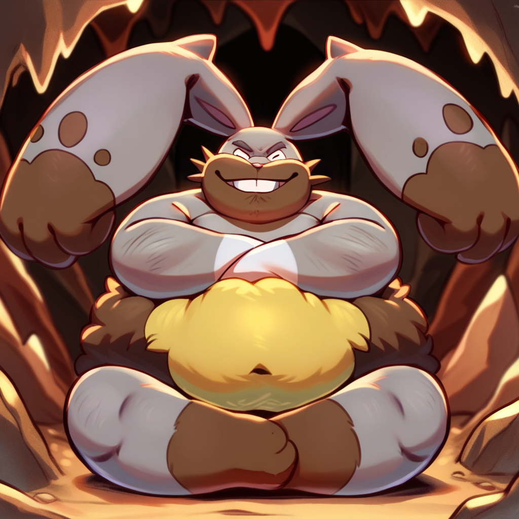 score_9, score_8_up, score_8, furry, Diggersby, rabbit, Pokemon (creature), grey/brown fur, buck teeth, yellow/brown fur around waist, cartoon style, 2d, overweight male, solo, sitting, arms crossed, smile, leaning against rock, looking at viewer, smile, inside, cave