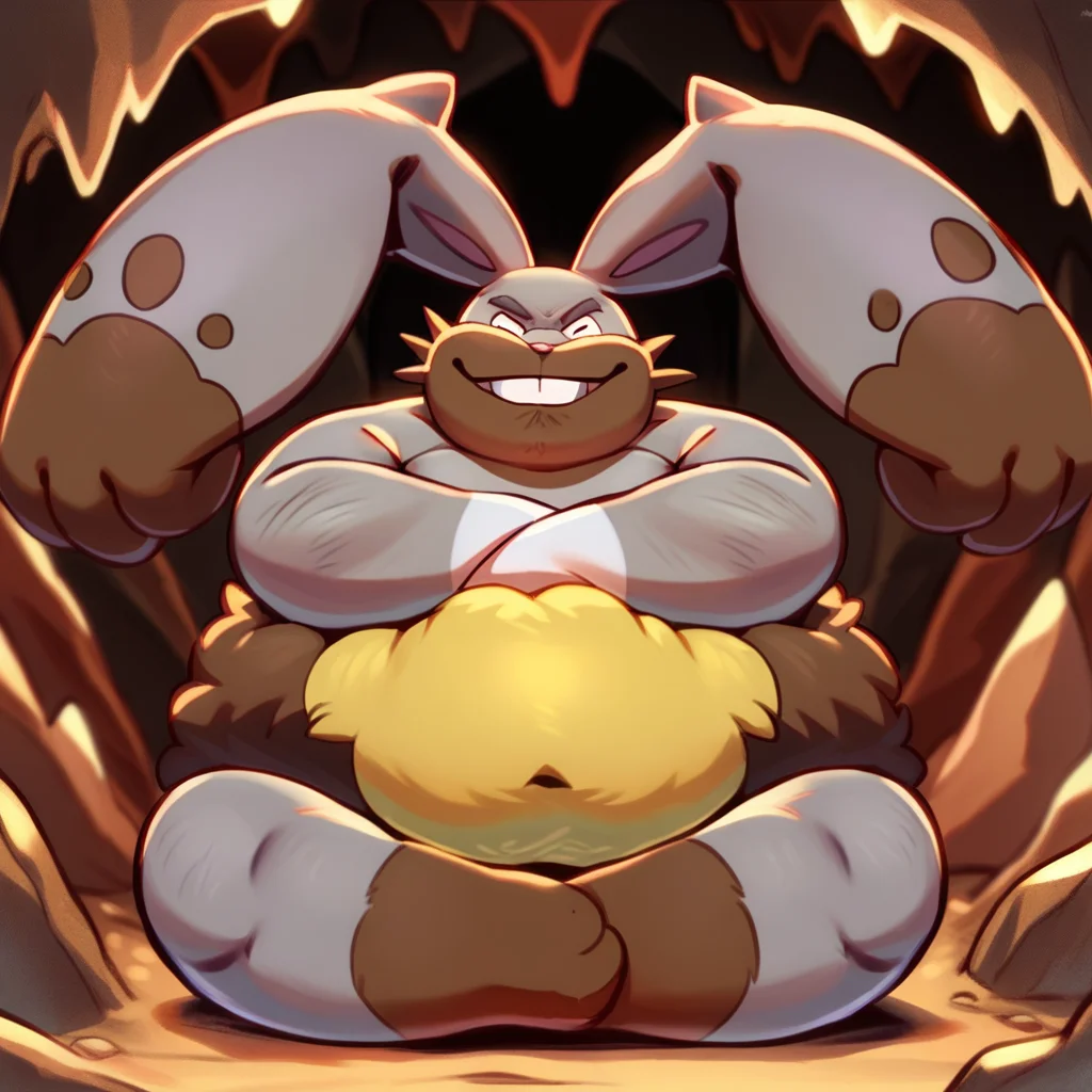 score_9, score_8_up, score_8, furry, Diggersby, rabbit, Pokemon (creature), grey/brown fur, buck teeth, yellow/brown fur around waist, cartoon style, 2d, overweight male, solo, sitting, arms crossed, smile, leaning against rock, looking at viewer, smile, inside, cave