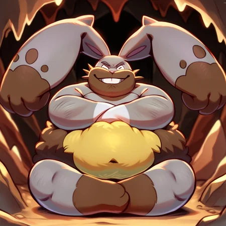 score_9, score_8_up, score_8, furry, Diggersby, rabbit, Pokemon (creature), grey/brown fur, buck teeth, yellow/brown fur around waist, cartoon style, 2d, overweight male, solo, sitting, arms crossed, smile, leaning against rock, looking at viewer, smile, inside, cave
