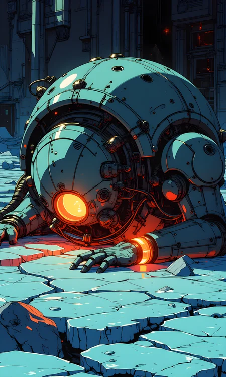 The subject of the image is a large, mysterious structure that resembles a mechanical or robotic entity. It has a dome-like shape with intricate details and appears to be resting on a cracked, icy surface. The structure emits a warm, orange glow from an opening at its base, which contrasts sharply with the cold, blue tones of the surrounding environment.
There is no visible facial expression as the subject is not a living being. However, the glowing light from the opening gives the impression of a "face" or a source of life within the otherwise inanimate object.
The structure is stationary, lying on the ground with its components spread out around it. The pose suggests a state of rest or perhaps even abandonment, as if the entity has been left behind in this desolate landscape.
Since the subject is not a person, there are no clothes. Instead, the structure is covered in what appears to be metallic armor or plating, with various mechanical parts and wires visible. The design is complex and detailed, hinting at advanced technology.
The camera is positioned at a low angle, close to the ground, looking up at the structure. This perspective emphasizes the size and imposing nature of the subject, making it appear larger and more dominant in the frame. The camera is also slightly angled towards the opening with the glowing light, drawing the viewer's attention to this focal point.
The primary light source is the orange glow emanating from the opening at the base of the structure. This light casts a warm, reddish hue on the surrounding ice, creating a stark contrast with the cool blue tones of the environment. The shadows are soft but distinct, adding depth and dimension to the scene. The overall lighting creates a dramatic and somewhat eerie atmosphere.
The background is a vast expanse of cracked, icy terrain. The ice appears to be thick and solid, with deep fissures and crevices. There are no other objects or structures visible in the background, emphasizing the isolation and desolation of the setting. The darkness of the sky above adds to the sense of emptiness and mystery.
The composition is centered around the large structure, with the glowing light serving as the main focal point. The low camera angle and the use of contrasting colors (warm orange against cool blue) create a strong visual impact. The cracks in the ice lead the viewer's eye towards the structure, guiding them through the composition. The overall effect is one of intrigue and wonder, inviting the viewer to imagine the story behind this enigmatic entity.
BREAK anime, d13s3lp2nk, bboil artist style, OBdonman, Anime art, <lora:FLUX\Anime Art V3:0.2>, <lora:FLUX\Synesthesia:0.2>, <lora:FLUX\RetroAnimeS1.1:0.5>, <lora:FLUX\Flux-jijia:0.1>, <lora:FLUX\It's a LoRA for portraits, BUT! actually specialized in backgrounds. v1.0:0.1>, <lora:FLUX\GLSHS:0.2>, <lora:FLUX\Dieselpunk Delight - s0_9 g4:0.4>, <lora:FLUX\OBdonman, anime0style portrait:0.1>