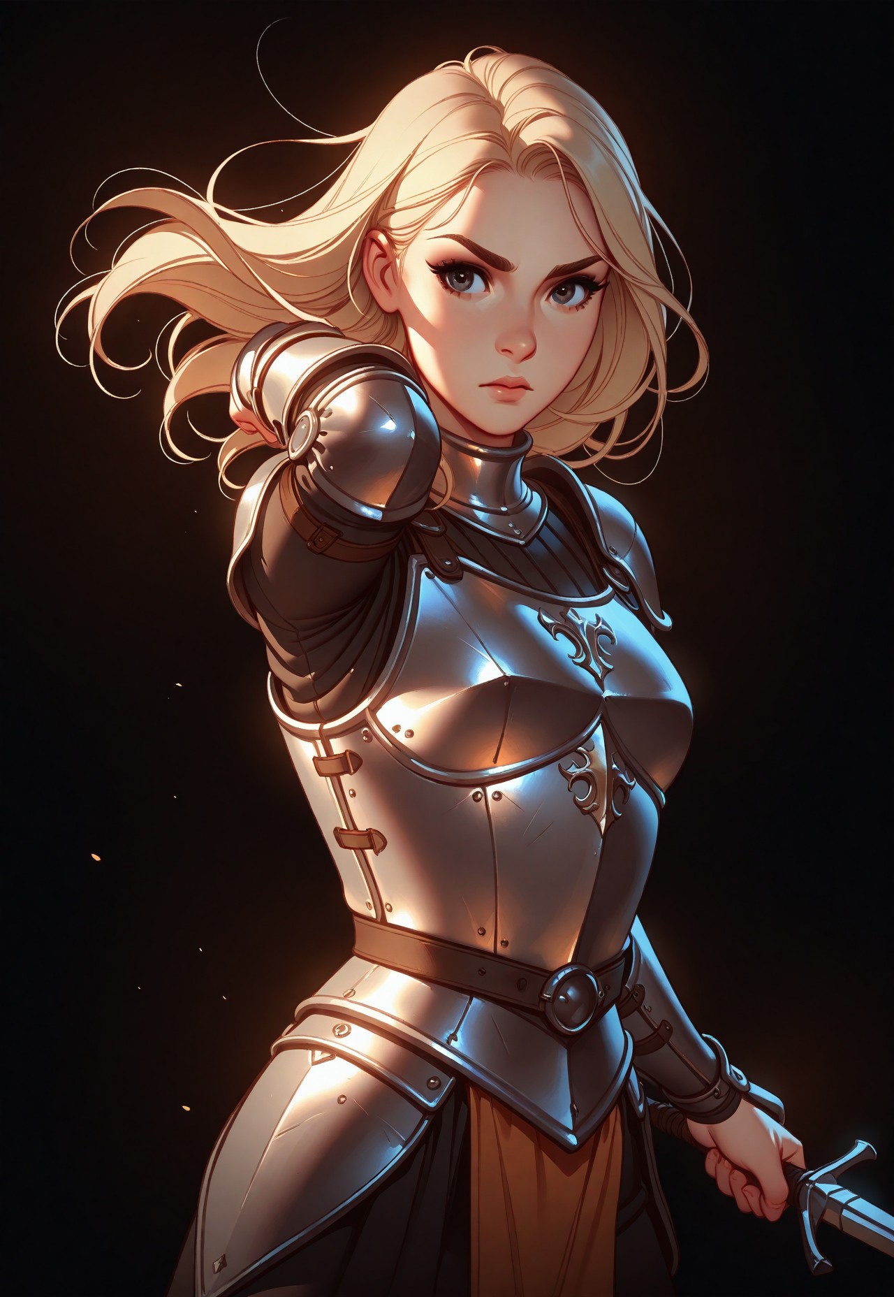 Tsuaii, flat colors,high detailed, high quality, masterpiece, 
 1girl, upper body, (black background), dynamic lighting, standing, holding an xxe, battle stance,
simple steel breastplate, medieval, knight