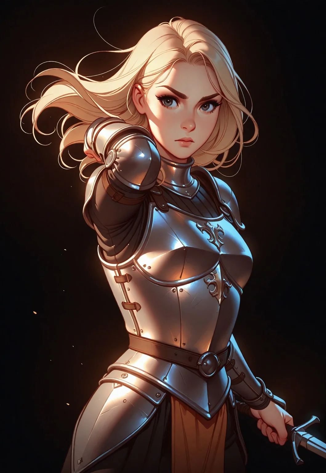 Tsuaii, flat colors,high detailed, high quality, masterpiece,
1girl, upper body, (black background), dynamic lighting, standing, holding an xxe, battle stance,
simple steel breastplate, medieval, knight