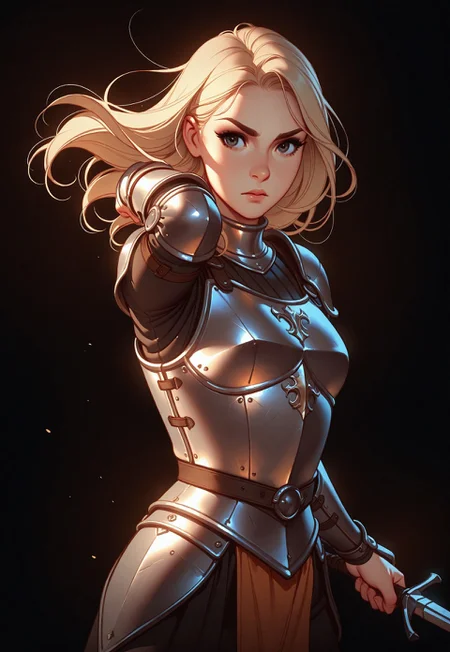 Tsuaii, flat colors,high detailed, high quality, masterpiece, 
 1girl, upper body, (black background), dynamic lighting, standing, holding an xxe, battle stance,
simple steel breastplate, medieval, knight
