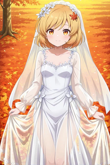 absurdres, highres, masterpiece, best quality, amazing quality, official anime artwork, screencap, anime screencap, outdoors, looking at viewer, light smile, dynamic pose, standing,
<lora:Aki-Shizuha_Illustrious:1> aki shizuha, 1girl, yellow eyes, blonde hair, short hair, small breasts,, aki shizuha \(platinum-white fall\), collarbone, bridal veil, hair flower, hair ornament, white veil, wedding dress, see-through clothes, long sleeves,