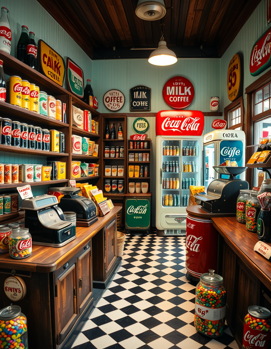 A vintage 1950s grocery store filled with nostalgic details. Wooden shelves neatly stocked with classic canned goods, glass soda bottles, and colorful retro packaging. An old-fashioned cash register sits on the wooden counter, next to a small scale for weighing produce. The checkered black-and-white tile floor adds to the mid-century charm, while hand-painted signs on the walls advertise milk, bread, and coffee in bold, retro fonts. A display of penny candy in glass jars sits near the entrance, and a vintage Coca-Cola refrigerator hums in the background. Soft, warm lighting casts a nostalgic glow over the scene, enhancing the rich textures of wood, glass, and metal, capturing the essence of a bygone era.
<lora:SDXLFaeTastic2400:0.4> <lora:extremely_detailed:0.4> extremely detailed
 <lora:1950s_grocery_st0r3:1>,1950s grocery st0r3, Masterpiece,best quality,hi res,8k,hi res,8k,award winning,(sharp focus, intricate, highly detailed),