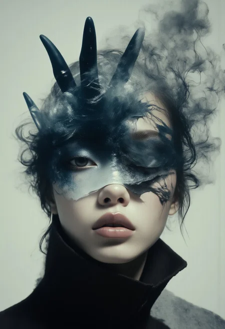 Eye liner, film grain, Korean Model, smoky ethereal face, grey and blue, color makes an outline of his face in the hazy smoke, one point source of light , diffused around the smoke, watery like appearance, mixed theme portrait, By Tom Nulens