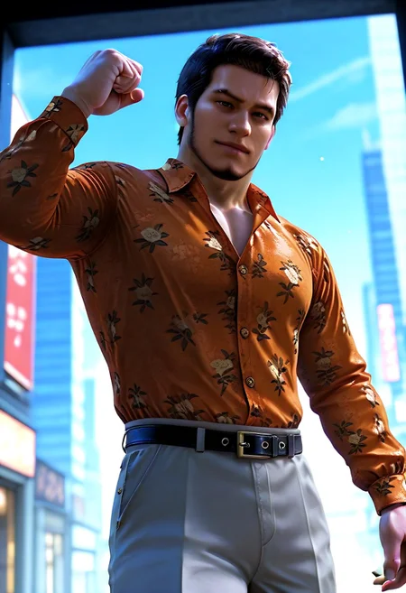 perfect anatomy, perfect proportions, best quality, masterpiece, high_resolution, high quality, best aesthetic, incredibly absurdres, highres, extremely detailed, huge filesize, (mature, masculine, manly, male focus, bara, homo, rugged, virile:1.1), handsome, charming, alluring, upper body, dutch angle, cowboy shot, (perfect face, detailed face, photorealistic, realistic:1.3), source_game \(Judgment\), official style \(Judgment\), Masaharu Kaito, YKZKaito, black hair, short hair, brown eyes, eyebrow slit, facial hair, chinstrap beard, jawline beard, YKZKaito_outfit01, ((orange shirt)), orange floral silk button-up shirt, floral print, light grey dress pants, belt, black shoes, dynamic pose, dynamic angle, from below, looking at viewer, innocent face, depth of field, bokeh, sharp focus, intricate, smooth, tokyo city, neon, cinematic lighting, cinematic, matte, photorealistic, 4k, volumetric lighting, dramatic,