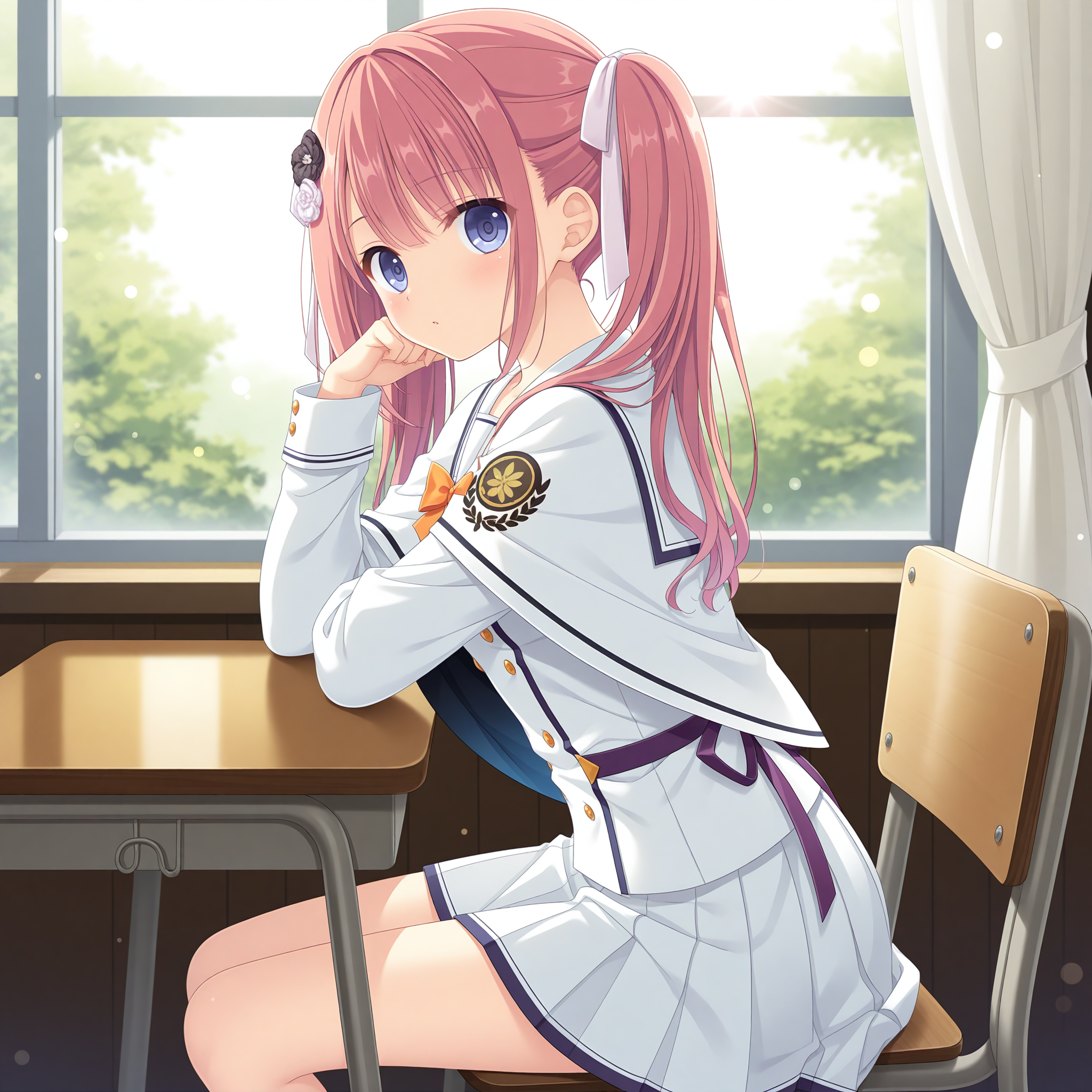 <lora:Shirakawa_Akari_1_nai-000035:1>,Shirakawa Akari,
twintails,hair ribbon,white ribbon,hair flower,black flower,white flower,school uniform,pleated skirt,long sleeves,white skirt,miniskirt,white jacket,white cape,black lining,waist ribbon,purple ribbon,white sailor collar,orange bowtie,
BREAK
1girl,solo,looking at viewer,sitting,from side,arm support,on chair,desk,indoors,window,curtains,day,arm on table,depth of field,lens_flare,
