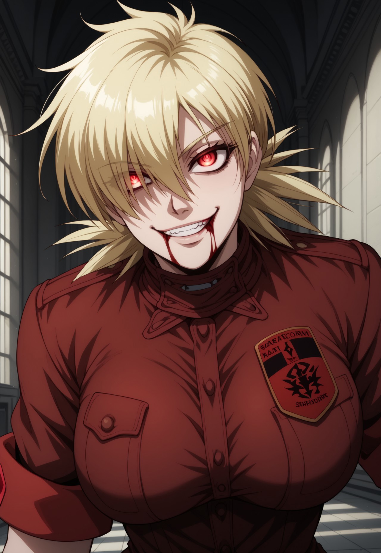 safe_pos, score_9, score_8_up, score_7_up, masterpiece, best quality, very aesthetic, SerasVictoria, 1girl, solo, female focus, blonde hair, short hair, hair over one eye, red eyes, large breasts, red shirt, sleeves rolled up, red armband, white gloves, evil smirk, crazy eyes, glowing eyes, ((face in shadow)), blood from mouth, portrait, perspective, mansion, indoors