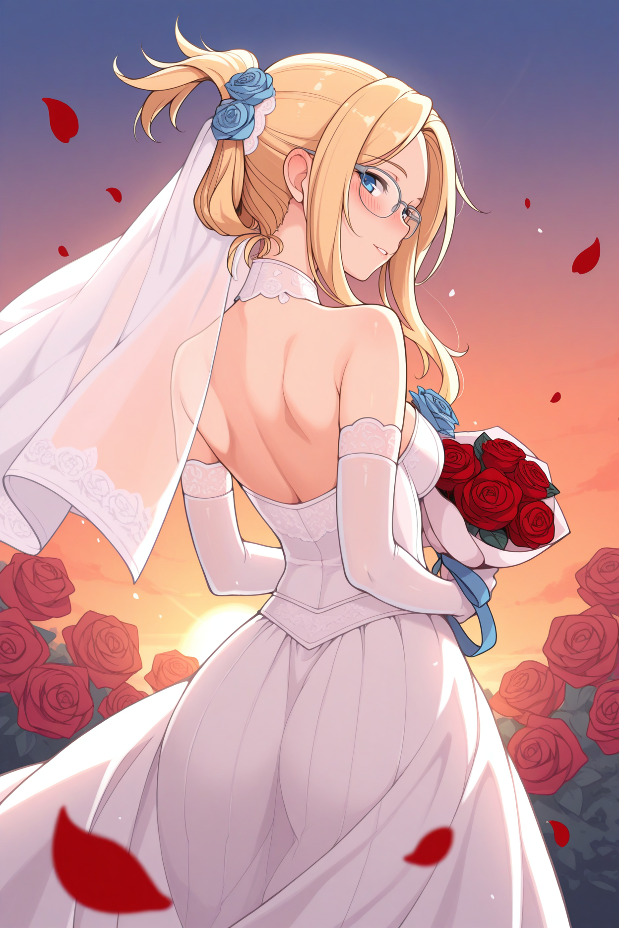 masterpiece, best quality, 1girl, solo <lora:ffquistis-illu-nvwls-v1-000006:1> ffqsts, blonde hair, folded ponytail, blue eyes, glasses, bridal veil, wedding dress, elbow gloves, corsage, looking at viewer, from behind, looking back, sunset, holding bouquet, flower petals, roses, blush, happy