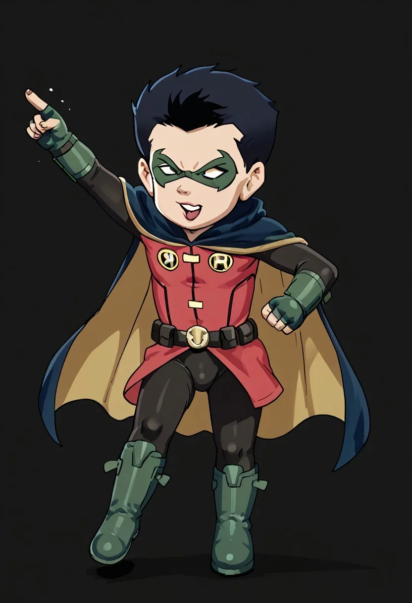 score_9, score_8_up, score_7_up, score_6_up, score_5_up, sorce_cartoon, source_hq, young, cute, 1boy, solo, male Robin ,masterpiece, best quality, amazing quality, best aesthetic, ,absurdres,intricate details,1boy,robin_dc, black hair, mask, black bodysuit, greeen gloves, cape, black boots, red vest, belt, slim but fit, jumping kick, kicking, from below, jumping, foot focus, full body,w3st3rnc0m1c,westerncomic, western comic art style, petite, shortstack, small body, detail1eye,concept art, realistic, dark theme, low light,, zPDXL3, emotional eyes, emotional face, cute face, easynegative, ng_deepnegative_v1_75t, detailed_eye_model, small eyes, square head, zPDXL3, easynegative, ng_deepnegative_v1_75t, CuteCartoonStyle, 3DMM, eyesHD, high gradient eyes, detailed eyes, high definition eyes, dynamic pose