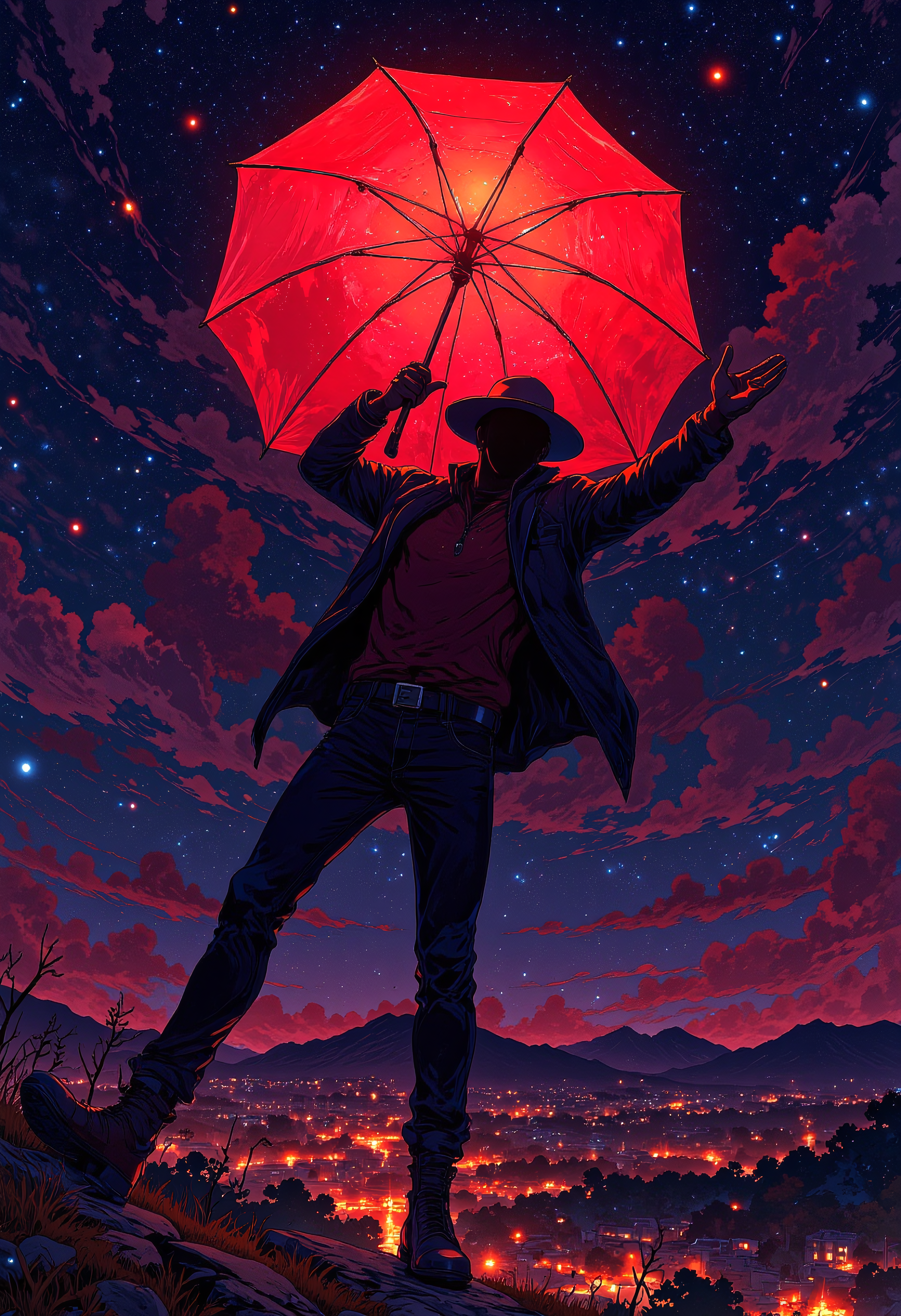 A silhouette of a man in a hat in the iconic arm and leg spread out wide pose, holding a glowing red umbrella and floating in the night sky, vibrant glow