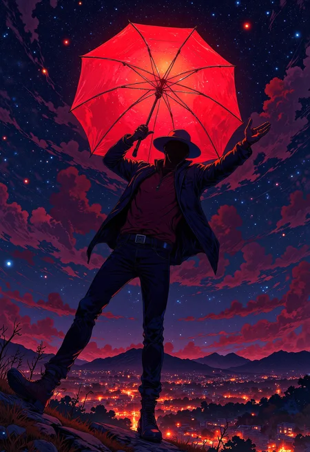 A silhouette of a man in a hat in the iconic arm and leg spread out wide pose, holding a glowing red umbrella and floating in the night sky, vibrant glow