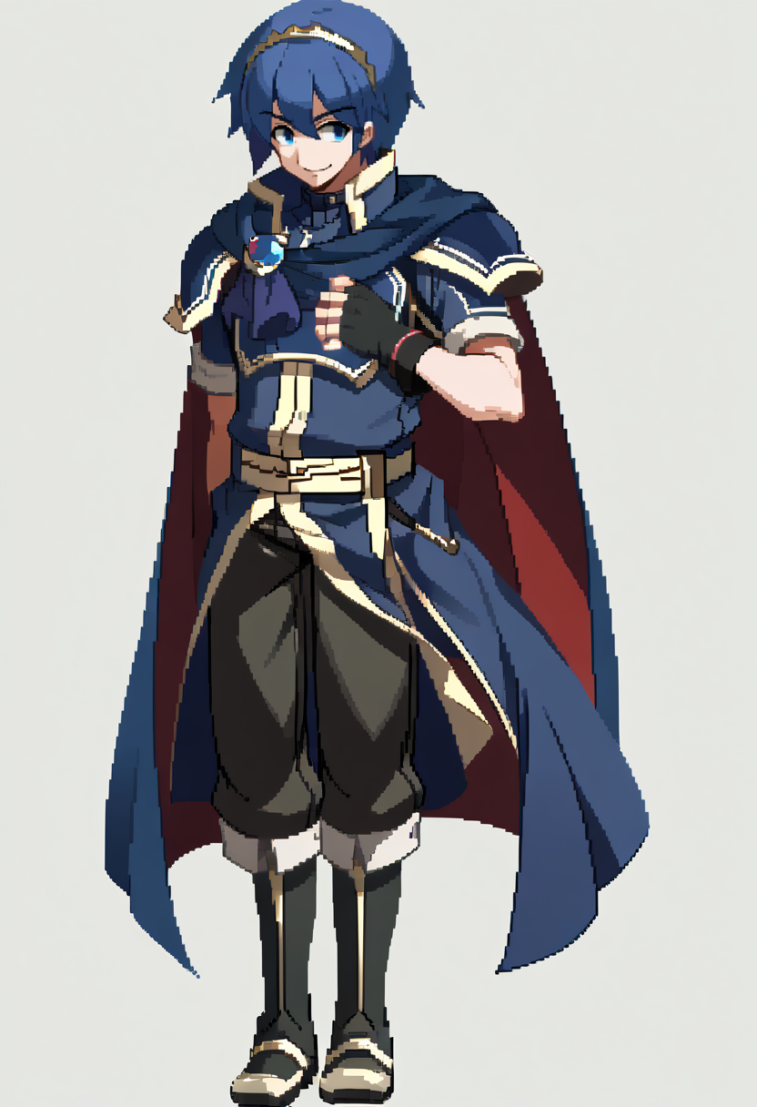 score_9, score_8_up, score_7_up, source_anime, BREAK, solo, 1boy, smile, looking at viewer,  <lora:Under-Night-In-Birth-SpritesV2-pdxl_Fp:1>, simple background, full body, standing,  <lora:Marth-pdxl_Fp:1>, marthfe, blue hair, blue eyes, short hair, tiara, blue tunic, armor, cape, fingerless gloves, hand on own chest, floating clothes,