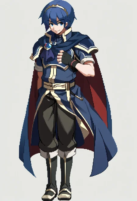 score_9, score_8_up, score_7_up, source_anime, BREAK, solo, 1boy, smile, looking at viewer, <lora:Under-Night-In-Birth-SpritesV2-pdxl_Fp:1>, simple background, full body, standing, <lora:Marth-pdxl_Fp:1>, marthfe, blue hair, blue eyes, short hair, tiara, blue tunic, armor, cape, fingerless gloves, hand on own chest, floating clothes,