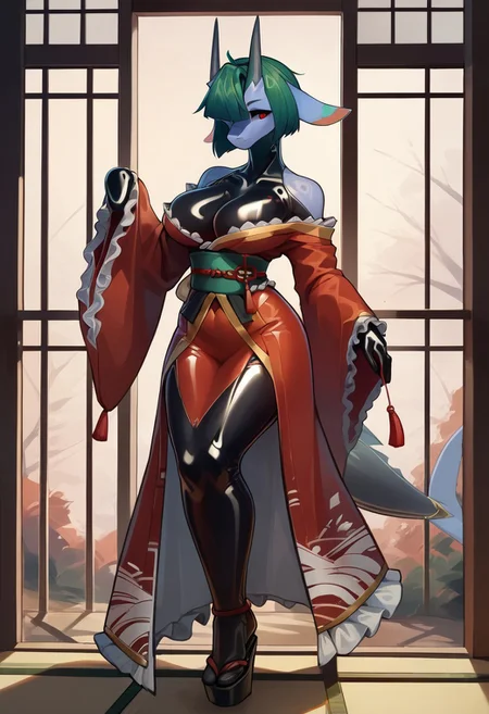 score_9,score_8_up,score_7_up,source_anime, Shanher Latex Mermaid suit,1girl,solo,breasts,looking at viewer,short hair,bangs,red eyes,long sleeves,cleavage,closed mouth,standing,full body,frills,japanese clothes,green hair,horns,shiny,wide sleeves,kimono,off shoulder,hair over one eye,shiny hair,dated,sleeves past wrists,sash,colored skin,obi,bob cut,tassel,sleeves past fingers,colored sclera,one eye covered,blue skin,black sclera,red kimono,multicolored skin,two-tone skin,frilled kimono