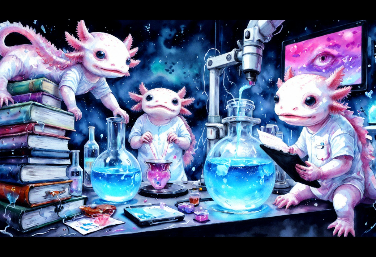Watercolor painting of, axolotls at a futuristic science lab, experimenting with glowing liquids in enormous beakers. One axolotl is standing on a stack of books to reach the top of a flask, carefully pouring a bright blue liquid, while another axolotl peers through a giant microscope, its eye comically enlarged. A third axolotl is scribbling notes on a massive clipboard, their tiny face lit up by the neon glow of the chemicals. The lab is filled with oversized gadgets, wires, and glowing screens, adding to the high-tech atmosphere., the axolotls have pink frilly gills and round black eyes