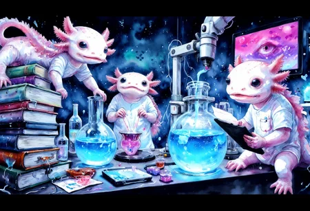 Watercolor painting of, axolotls at a futuristic science lab, experimenting with glowing liquids in enormous beakers. One axolotl is standing on a stack of books to reach the top of a flask, carefully pouring a bright blue liquid, while another axolotl peers through a giant microscope, its eye comically enlarged. A third axolotl is scribbling notes on a massive clipboard, their tiny face lit up by the neon glow of the chemicals. The lab is filled with oversized gadgets, wires, and glowing screens, adding to the high-tech atmosphere., the axolotls have pink frilly gills and round black eyes