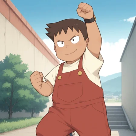amazing quality, colorful, masterpiece, best quality, detailed background, dot eyes, cinematic, BREAK <lora:ginkai-v1-10:1> m-gchi, 1boy, plump, young, (light dark skin:0.5), white t-shirt, red overalls, black watch, jumping, smile, arm up, clenched hand, perfect hands, best quality,