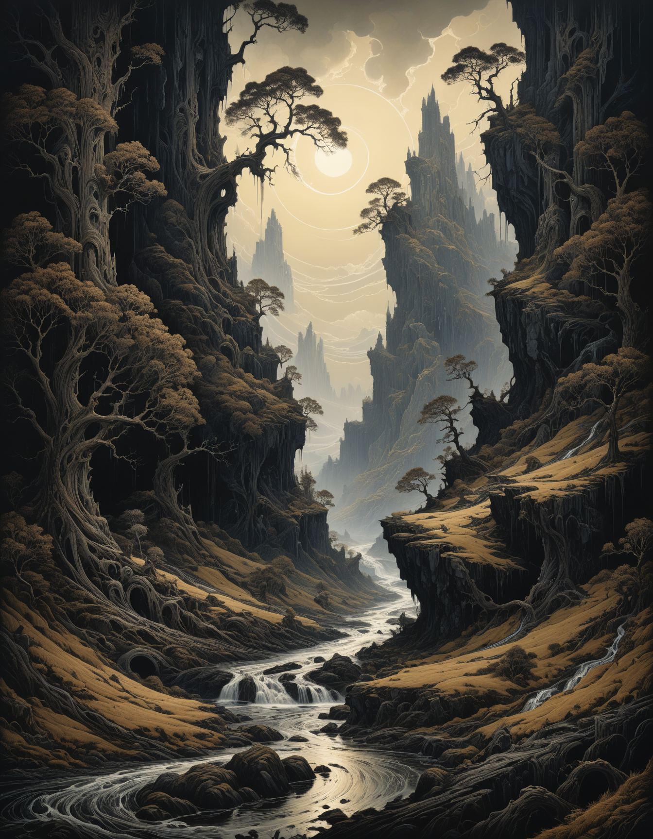 professional photograph of a gloomy and epic landscape  by  Aaron Horkey and William Stout and alfred stieglitz , bold lines, hyper detailed, dark limited palette, dramatic lighting,  (intricate details, masterpiece, best quality:1.4),
<lora:add-detail-xl:1> <lora:xl_more_art-full_v1:0.5>