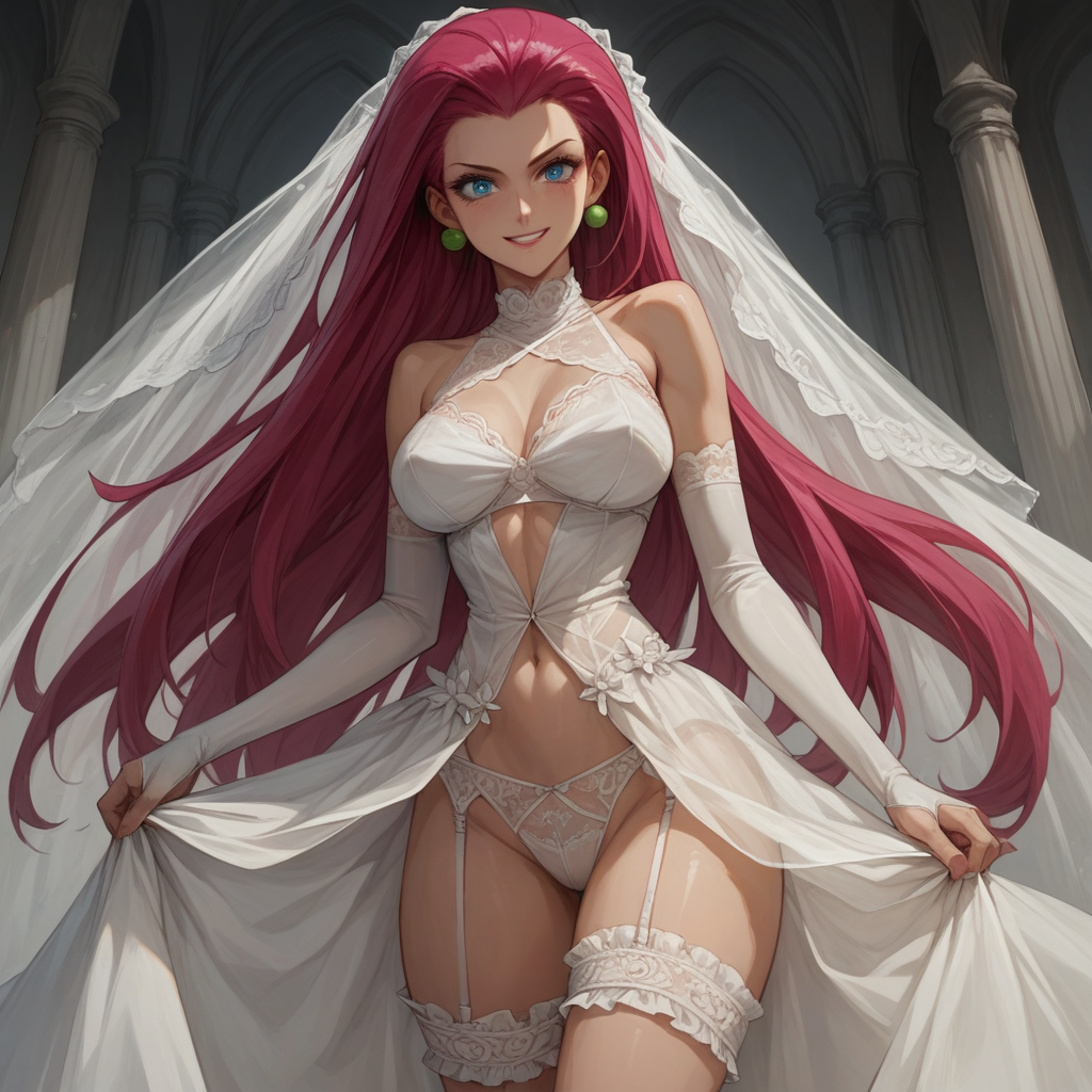 score_9, score_8_up, score_7_up,source_anime, BridallingerieXL, high res image, masterpiece, best quality,high detailed,very aesthetic, absurdres, BREAK, Jessie\(Pokemon\), 1woman, cute face,clear skin,shiny hair,ultra detailed eyes,(black_hair:1.5),(long_hair),blue_eyes, bare_shoulders,revealing_clothes, bridal_lingerie, bridal_veil, bridal_garter, elbow gloves, white ribbon, white silk, see-through,light_smile, cowboy_shot, dutch_angle,