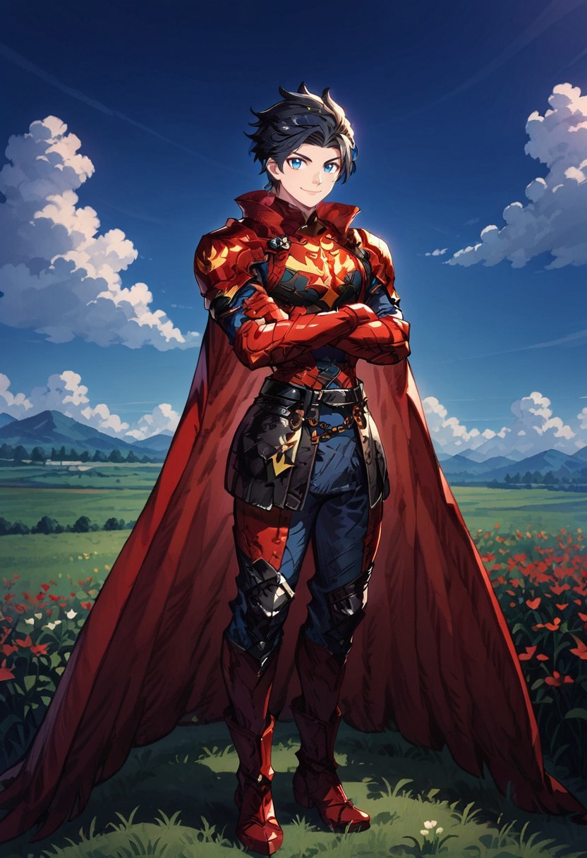 score_9, score_8_up, score_7_up, best quality, masterpiece, wingsterne, 1boy, solo,smile, high_boots, short hair, black_hair, bladed wing, leather_armor, leather_pants, chain_belt, red_gloves ,shoulder_guards ,hero_cape, outside, field, sky, grass, crossed arms, blue_normal_eyes, normal face