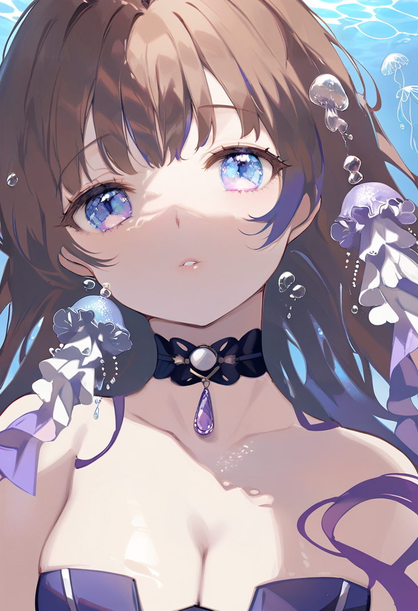 masterpiece, best quality,<lora:OH4XL_ANI31_lokr_V4312:0.95>1girl, solo, purple nails, bubble, parted lips, long hair, blue eyes, air bubble, nail polish, looking at viewer, underwater, bare shoulders, choker, upper body, brown hair, jewelry, gem, jellyfish, collarbone, strapless, dress, breasts, fingernails, purple eyes, multicolored hair