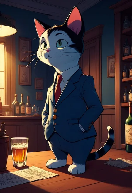 a drunk cat wearing suit, cartoony, funny, detailed, magical, beautiful, depth of field, deep shadows, intricate,