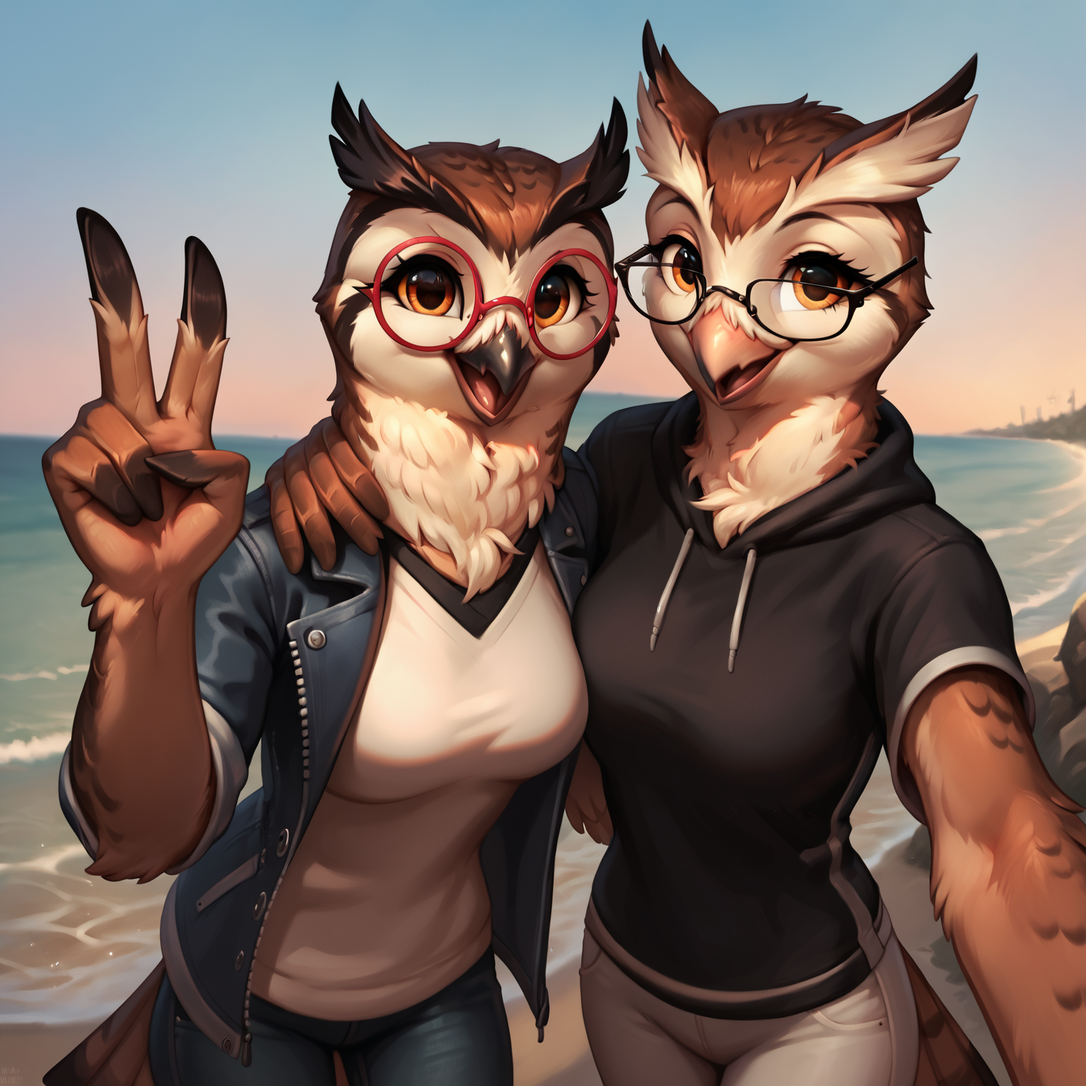 score_9, score_8_up, score_7_up, score_6_up, score_5_up, source_furry, anthro, bird, avian, (owl), ((duo)), female, shirt, sweatshirt, pants, (detailed background), outside, coat, sea, (smile, happy, happy expression), expressive, hi res, highly detailed, 8k, detailed feathers, feathers, selfie, taking a selfie, gesture, detailed eyes, brown feathers, white feathers, black feathers, detailed, winged arms, feather hands, <lora:XDetail_light:0.5>, adult, realistic feathers, eyelashes, <lora:winged_arms_v1:0.7>, <lora:Smooth Style LoRA XL:0.5>, (glasses), eyewear, beak