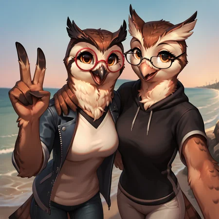 score_9, score_8_up, score_7_up, score_6_up, score_5_up, source_furry, anthro, bird, avian, (owl), ((duo)), female, shirt, sweatshirt, pants, (detailed background), outside, coat, sea, (smile, happy, happy expression), expressive, hi res, highly detailed, 8k, detailed feathers, feathers, selfie, taking a selfie, gesture, detailed eyes, brown feathers, white feathers, black feathers, detailed, winged arms, feather hands, <lora:XDetail_light:0.5>, adult, realistic feathers, eyelashes, <lora:winged_arms_v1:0.7>, <lora:Smooth Style LoRA XL:0.5>, (glasses), eyewear, beak