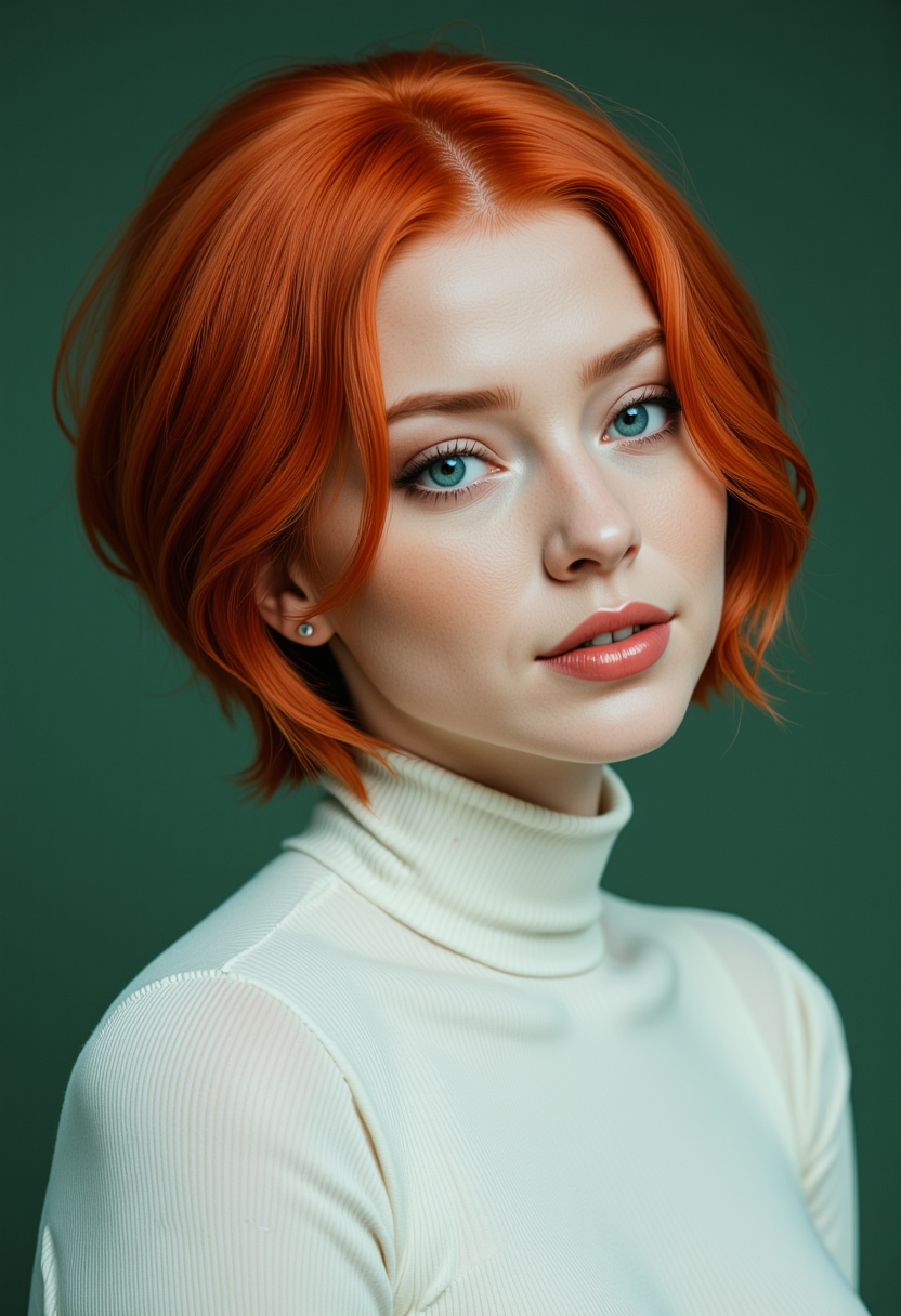 Headshots,masterpiece, a beautiful woman,Hyperrealistic, she is smiling, dynamic angles, multiple angles, photoshoot poses; A photo of Redhead 6B, a woman with short hair, she has massive breasts, a beautiful girl,she is wearing a white turtleneck sweater.she has massive breasts, she has piercing eyes. a dynamic pose and a sense of action. simple green background, and the lighting is soft, creating a dramatic effect, creating a focused and dynamic pose.; the scene is set in a beautiful well-lit environment, with a sense of action and adventure. Style: realistic hyper-detailed rendering, 32k UHD, expressive eyes, punk, graphic design, girl's face, pretty and cute, gleaming lips, telling a tale of adventure. Exuding confidence and serenity. The overall mood of the image is happy and relaxed, detailed skin texture,(blush:0.2),(goosebumps:0.3), subsurface scattering,with a playful and whimsical tone,perfect hand, hand, detailed hand,niji style,retro50s_style,
