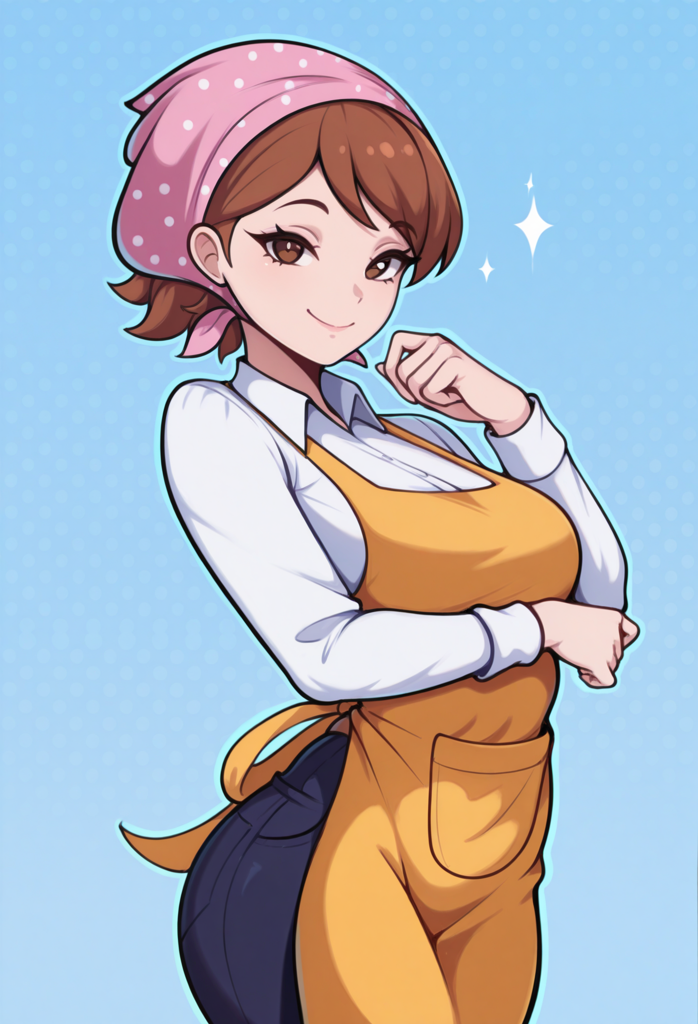 1girl, solo, looking at viewer, blue background, polka dot background, smile, 
masterpiece, best quality, <lora:cooking_mama-guy90-Illust-LoraV1:1>, amaooc, brown hair, short hair, yellow apron, bandana, white shirt, head scarf, brown eyes, long sleeves, collared shirt, blue pants