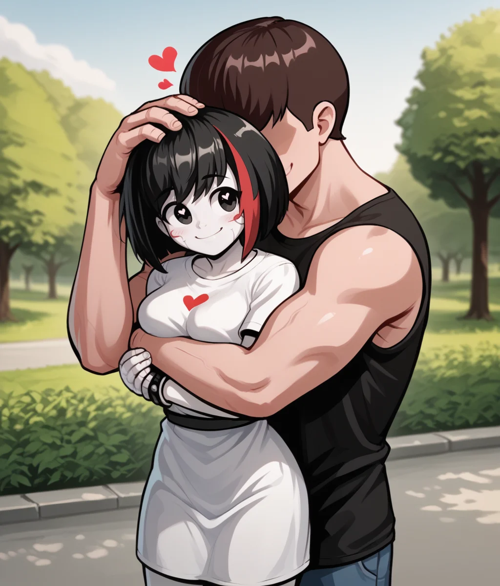 MDRG, 1girl, 1boy, faceless male, anon, shirt, strokes head, headpat, standing, hug, heart, cute smile, medium breasts, <lora:MDRG:1.0>, white skin, outdoors,