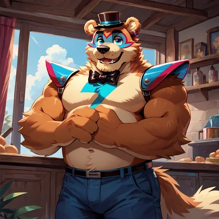 <lora:bigfreddy_ponyxl-10:1> score_9_up, score_8_up, score_7_up, source_furry, best quality, masterpiece, (bigfreddy), bear ears, solo, (looking at viewer), perfect body, (perfect anatomy), fluffy paws, (fluffy paws), detailed ears, detailed hands, detailed body, perfect body, (detailed hands), zPDXL3, detailed hat, male focus, (flat chest), fluffy head:0.8, (black bowtie),, muscular, older, mature male, pants,
<lora:HandFixer_pdxl_Incrs_v1:0.5>